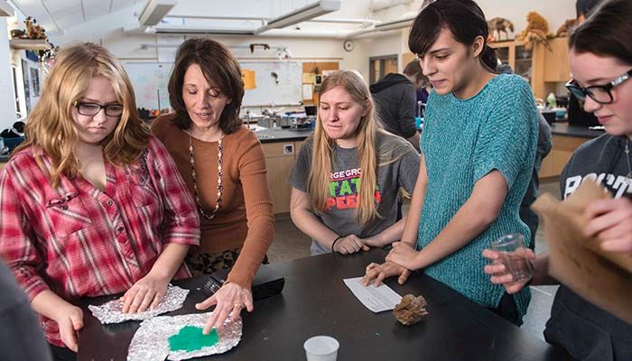 Science teacher DeEtta Andersen, second from left, assists Bio Club students, from left to right, Cheyenne Yoe, Caitlyn Guyer and Stefani Johnson in making bioplastics at Center Point-Urbana High School. 