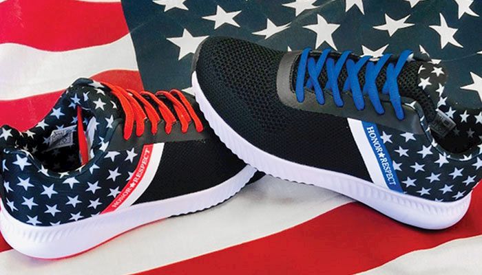 The patriotic Honor and Respect shoes raise awareness of the need for mental health service for police officers, firefighters, paramedics and other first responders. 