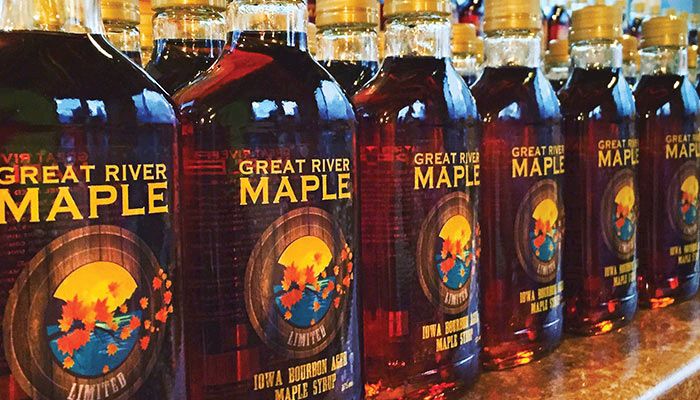 Great River Maple in Garnavillo offers a variety of Iowa-made maple syrup items, including bourbon-aged syrup, which is aged inside used barrels from nearby Mississippi River Distillery