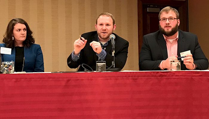 Michael Koenig (center) and Stuart McCulloh (right) of Iowa-based ScoutPro participated in a panel discussion to provide Agricultural Investment Summit participants tips for dealing with investors