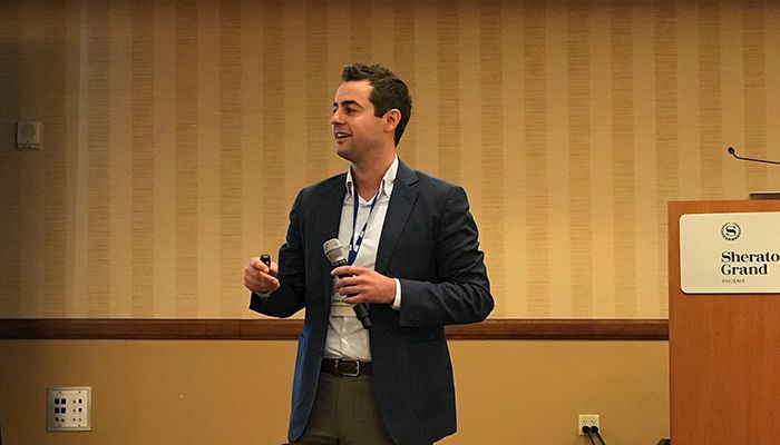 Iowa Farm Bureau Investment Manager Adam Koppes delivers remarks to 20-plus ag entrepreneurs from around the country at American Farm Bureau's inaugural Agricultural Investment Summit.