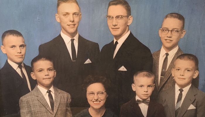 Virginia Striegel in 1962 with her sons. Back row (from left): Floyd, Marion, Jim, Charlie. Front row (from left): Phil, Mike, Paul.