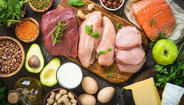 Array of protein sources: meats, vegetables, eggs and nuts