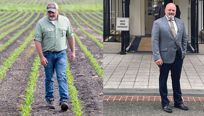 Iowa Farm Bureau Federation President Brent Johnson, left, scouting in his fields this spring and, right, at the White House last week.
