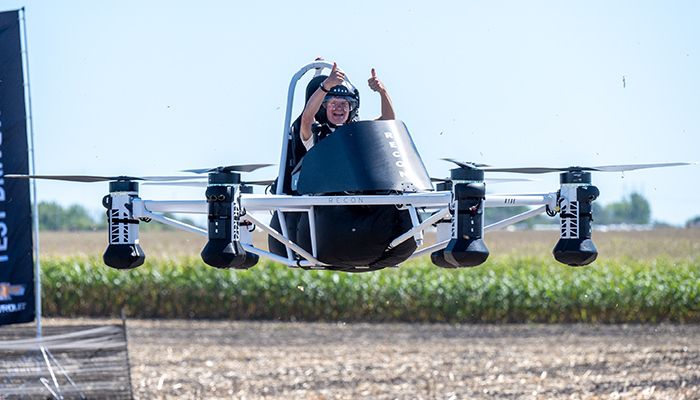 Erik Stephansen demonstrates a new ultralight at the Farm Progress Show in Boone last month. 