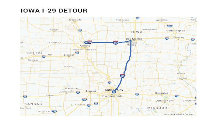 Iowa DOT establishes multi-state detour due to multiple flood-related closures on I-29