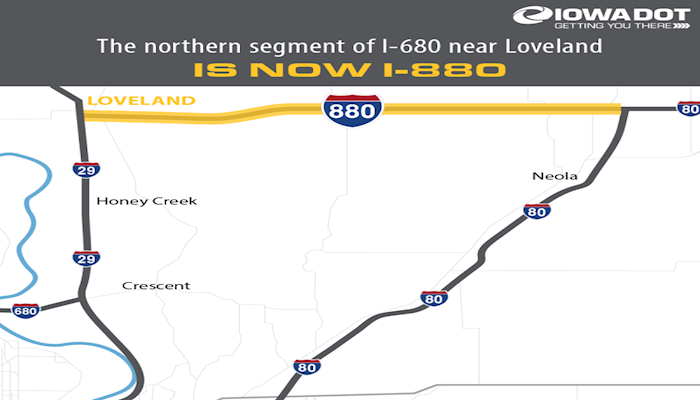 Northern segment of Interstate 680 in western Iowa renamed I-880