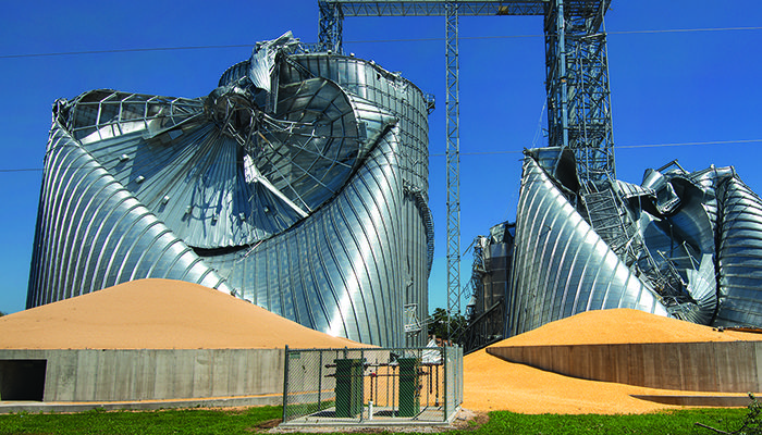 Grain bin damage caused by Iowa's derecho storm.