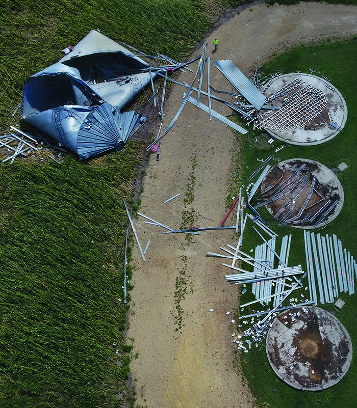 Grain bin damage caused by Iowa's derecho storm.