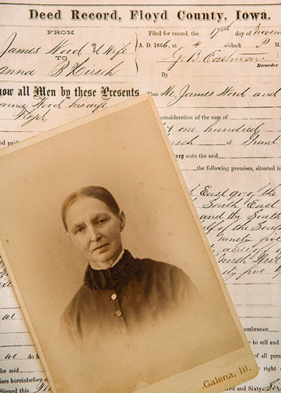 Wayne Koehler's great-great grandmother, pictured with the original land deed, from November 17, 1866.